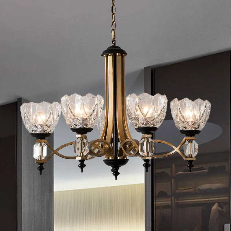 Brass Dome Chandelier with Clear Glass Shades - Modern 5 Heads Pendant Light Fixture