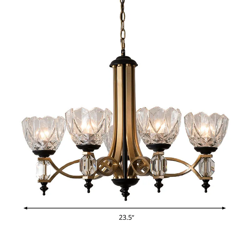 Brass Dome Chandelier with Clear Glass Shades - Modern 5 Heads Pendant Light Fixture