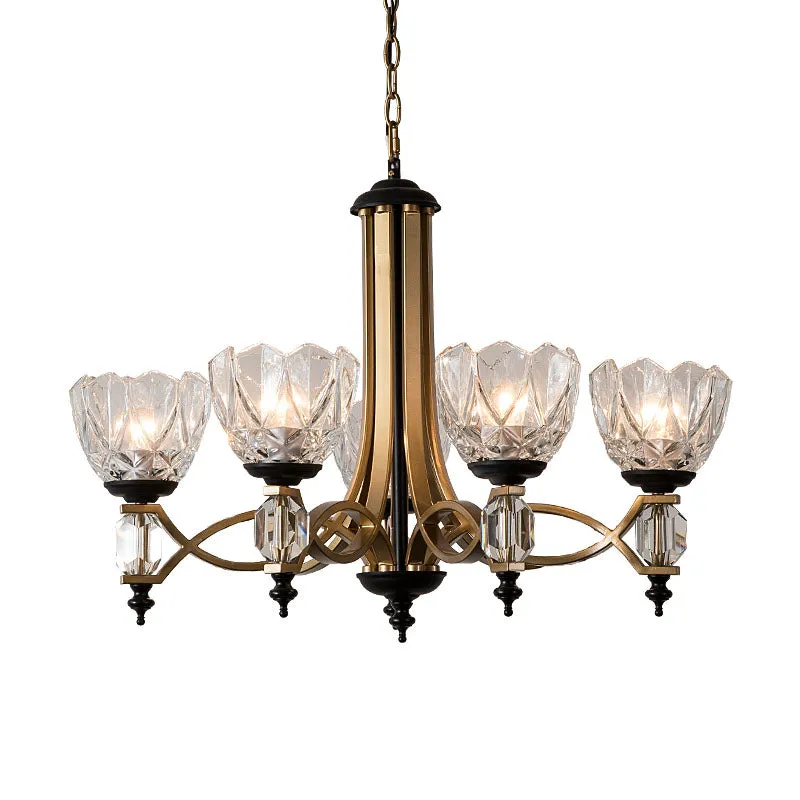 Brass Dome Chandelier with Clear Glass Shades - Modern 5 Heads Pendant Light Fixture