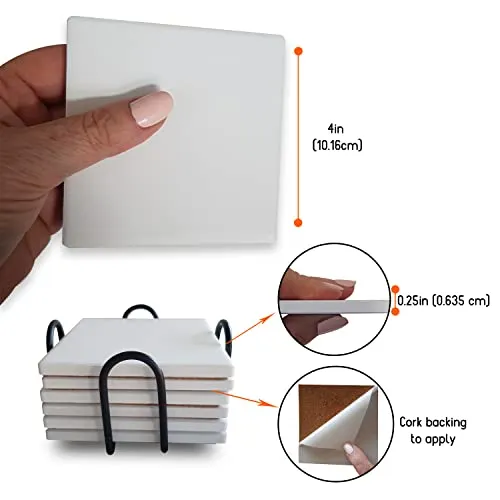 Ceramic Coaster Sets - 12 Square 4 INCH MATT Absorbent Coasters - Cork Backing & 2 Metal Stands - for Acrylic Pouring