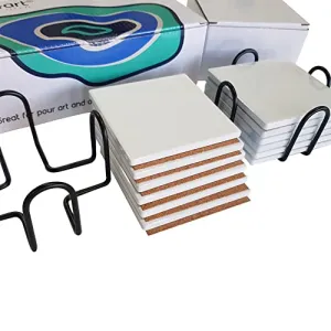 Ceramic Coaster Sets - 12 Square 4 INCH MATT Absorbent Coasters - Cork Backing & 2 Metal Stands - for Acrylic Pouring