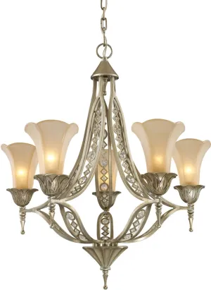 Chelsea 5 Light Chandelier In Aged Silver and Beige Frosted Glass