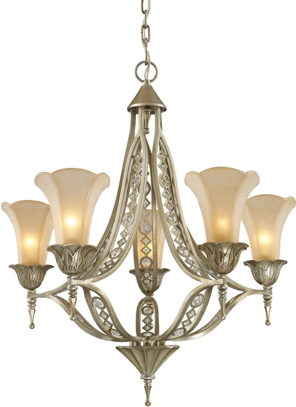 Chelsea 5 Light Chandelier In Aged Silver and Beige Frosted Glass