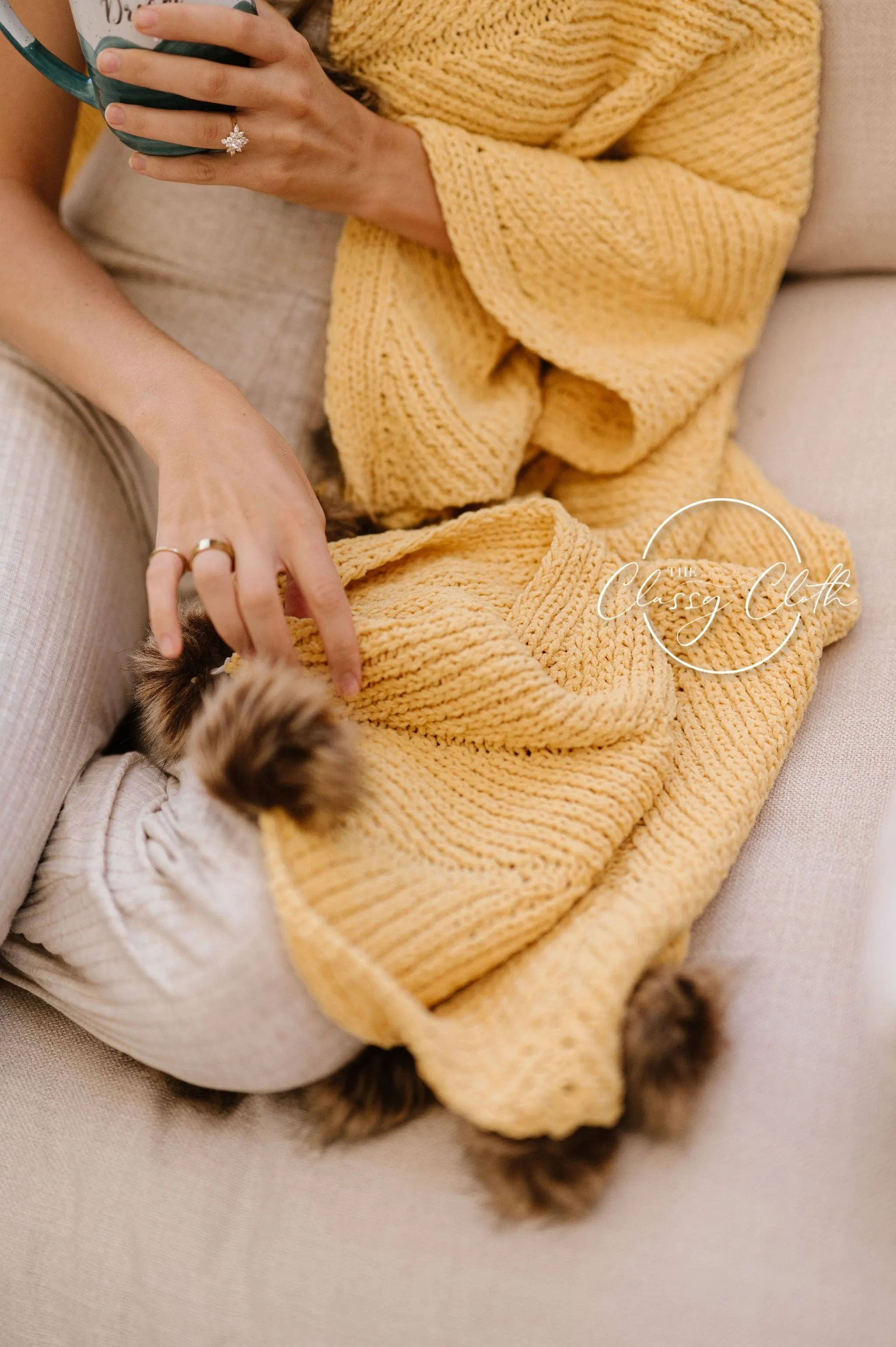 Chenille Pom Blanket - Mustard