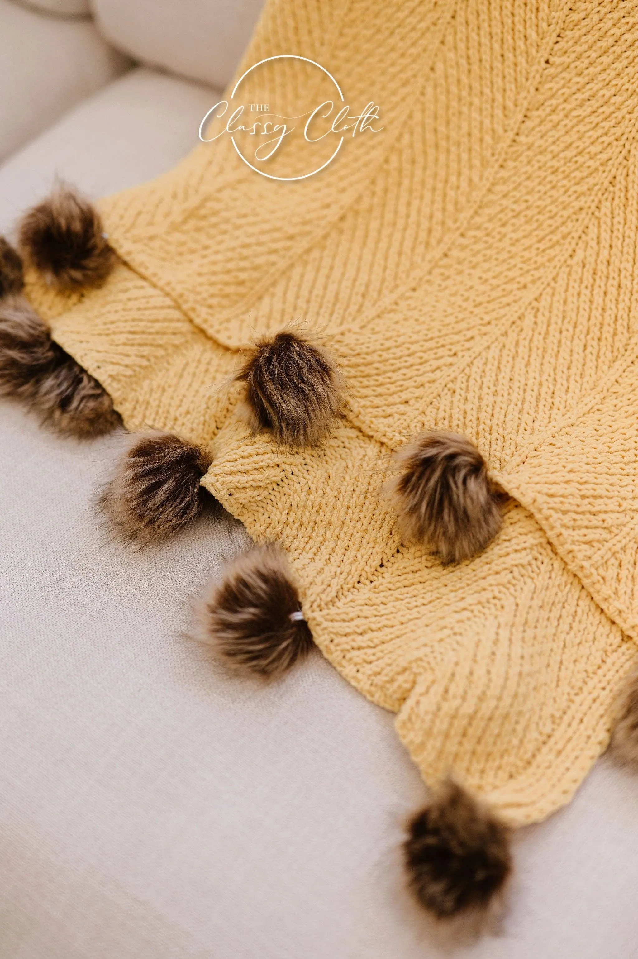 Chenille Pom Blanket - Mustard