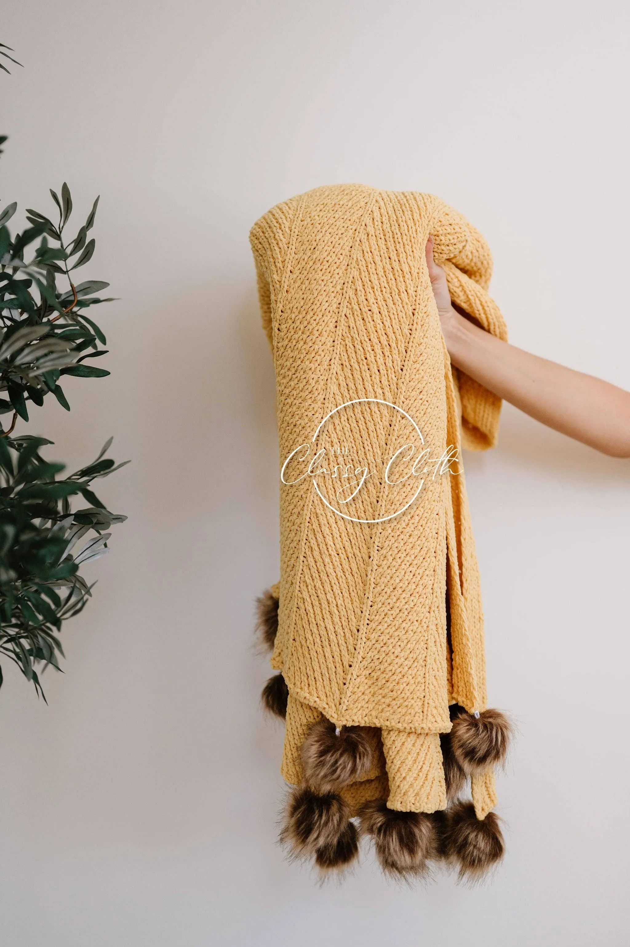 Chenille Pom Blanket - Mustard