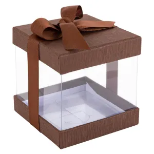 Clear Plastic Gift Boxes Brown 4x4x4" 6 Pack Bakery Boxes With Base Lid & Ribbon