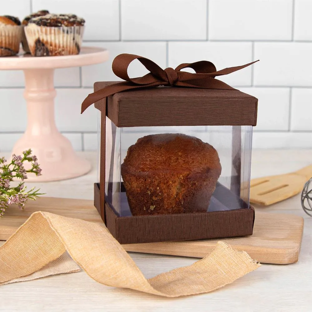 Clear Plastic Gift Boxes Brown 4x4x4" 6 Pack Bakery Boxes With Base Lid & Ribbon