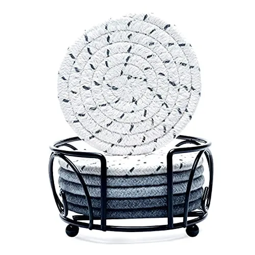 Coasters for Drinks, Absorbent Drink Coaster Set with Holder, Handmade Woven Coasters for Table Protection, Heat-Resistant Braided Coasters Set of 6, Great for Housewarming, Room Decor, Bar, Party