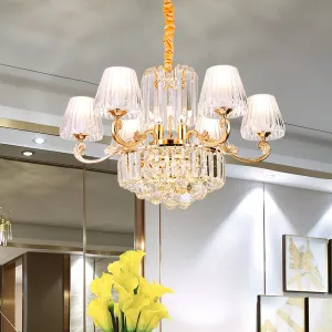 Contemporary 6-Light Gold Chandelier - Clear Crystal Barrel Pendant - Ideal for Restaurants