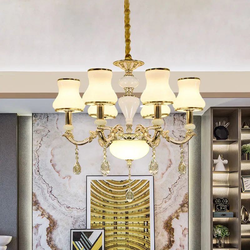 Contemporary 6-Light Milk Glass Gold Chandelier - Curved Arm Pendant with Crystal Accents