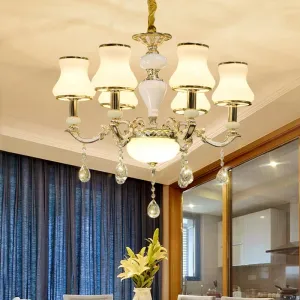 Contemporary 6-Light Milk Glass Gold Chandelier - Curved Arm Pendant with Crystal Accents