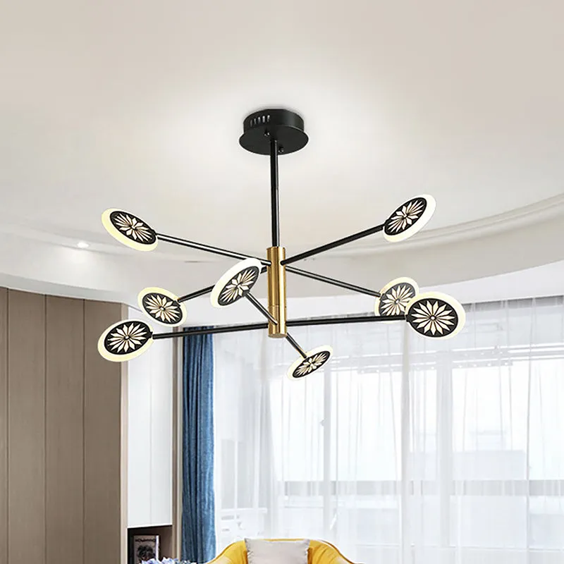 Contemporary Black Round Pendant Chandelier with Metallic Finish and Linear Design - 6/8 Lights for Living Room