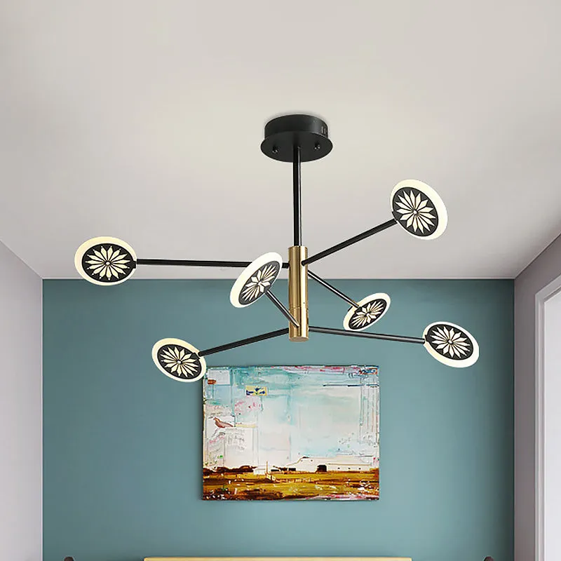 Contemporary Black Round Pendant Chandelier with Metallic Finish and Linear Design - 6/8 Lights for Living Room