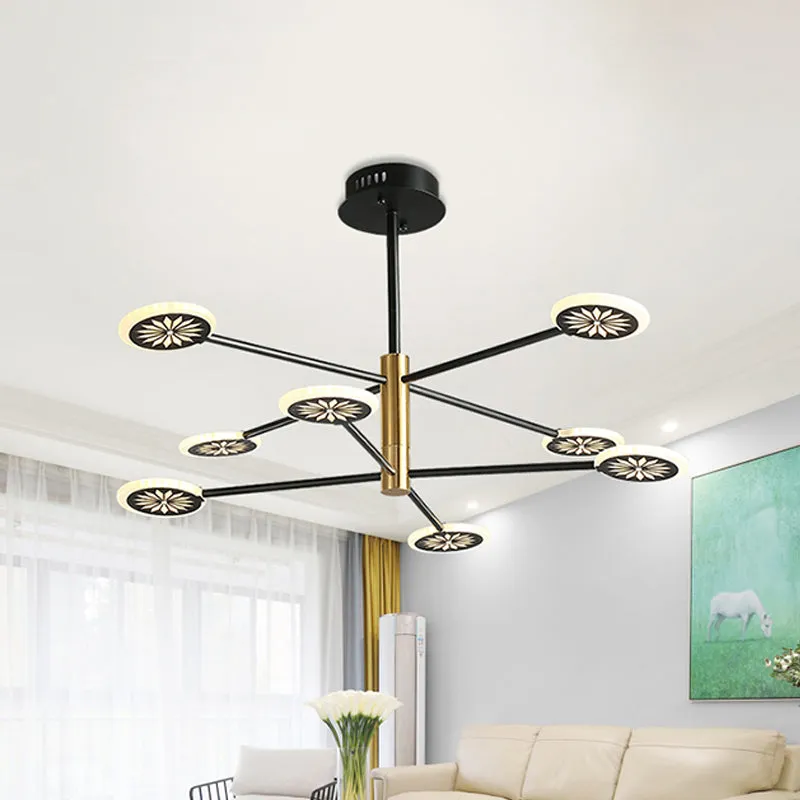 Contemporary Black Round Pendant Chandelier with Metallic Finish and Linear Design - 6/8 Lights for Living Room