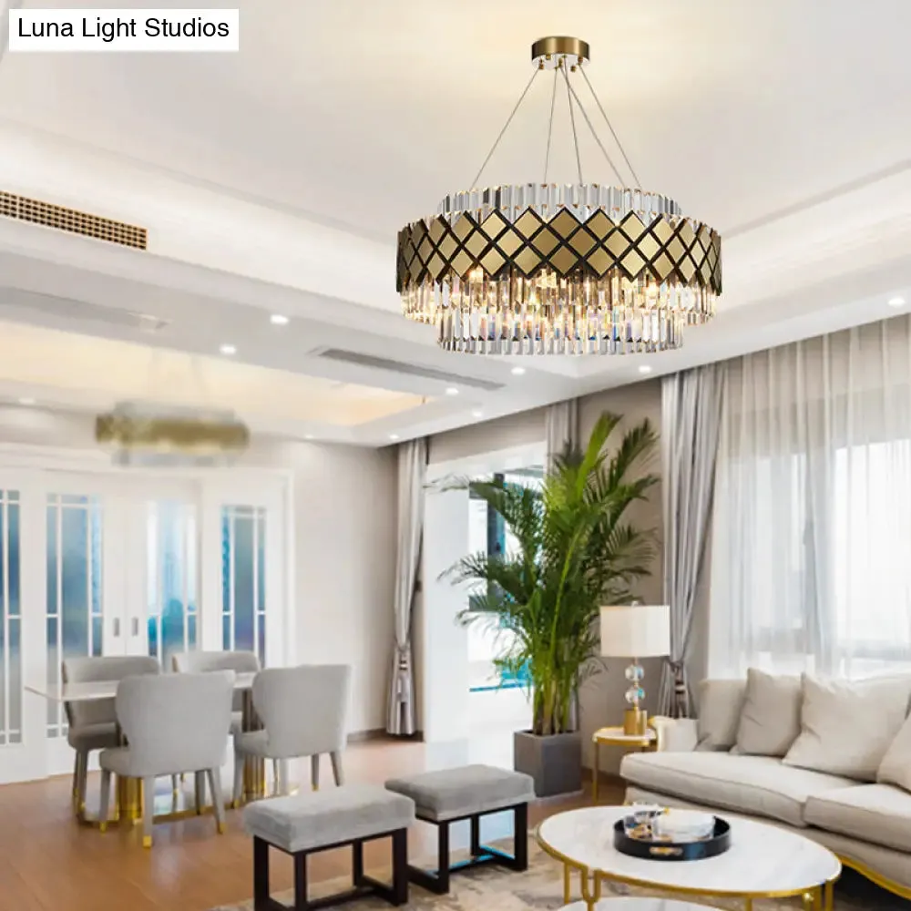 Contemporary Gold Mesh Chandelier - 12-Light Clear Crystal Pendant Light