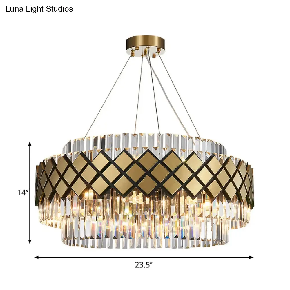 Contemporary Gold Mesh Chandelier - 12-Light Clear Crystal Pendant Light