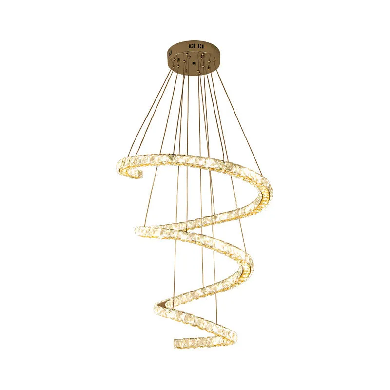 Contemporary LED Chandelier with Clear Crystal Blocks in Stainless Steel â€“ 4-Tier Spiral Design