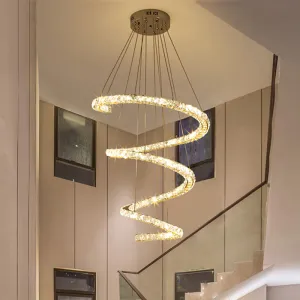 Contemporary LED Chandelier with Clear Crystal Blocks in Stainless Steel â€“ 4-Tier Spiral Design