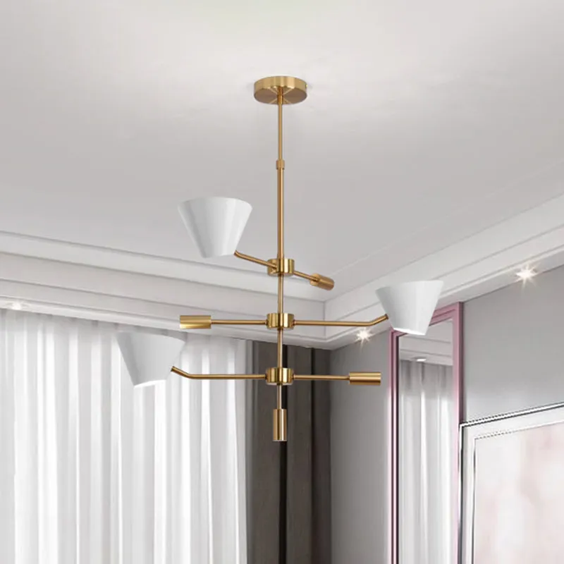 Contemporary White Cone Shade Chandelier Light with 3 Metal Hanging Lights for Living Room