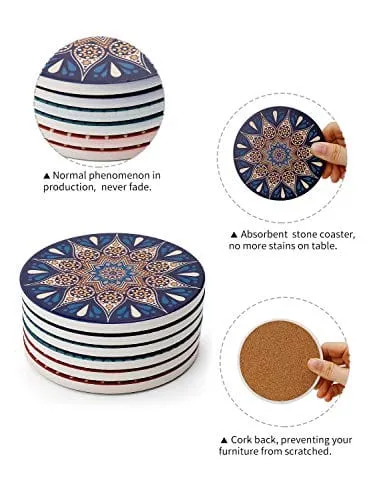 Drink Coasters with Thin Cork Bottom - Set of 6 Moisture Absorbing Stone Coasters - 4 inch Large Table Scratch or Stain Protection for Cup or Glasses
