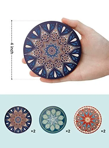 Drink Coasters with Thin Cork Bottom - Set of 6 Moisture Absorbing Stone Coasters - 4 inch Large Table Scratch or Stain Protection for Cup or Glasses