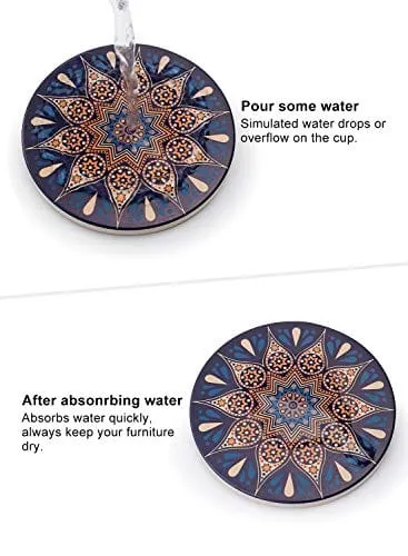 Drink Coasters with Thin Cork Bottom - Set of 6 Moisture Absorbing Stone Coasters - 4 inch Large Table Scratch or Stain Protection for Cup or Glasses