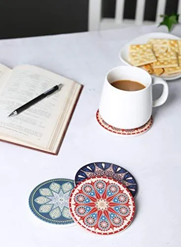 Drink Coasters with Thin Cork Bottom - Set of 6 Moisture Absorbing Stone Coasters - 4 inch Large Table Scratch or Stain Protection for Cup or Glasses