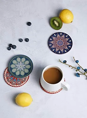 Drink Coasters with Thin Cork Bottom - Set of 6 Moisture Absorbing Stone Coasters - 4 inch Large Table Scratch or Stain Protection for Cup or Glasses
