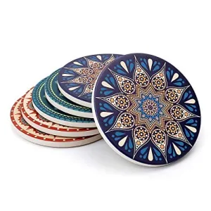 Drink Coasters with Thin Cork Bottom - Set of 6 Moisture Absorbing Stone Coasters - 4 inch Large Table Scratch or Stain Protection for Cup or Glasses