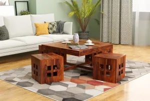 EBANSAL Wooden Centre Table with 4 Stool, Square Center Coffee Table with Stool for Living Room, Drawing Room & Office, Solid Sheesham Wood, Natural Brown Finish