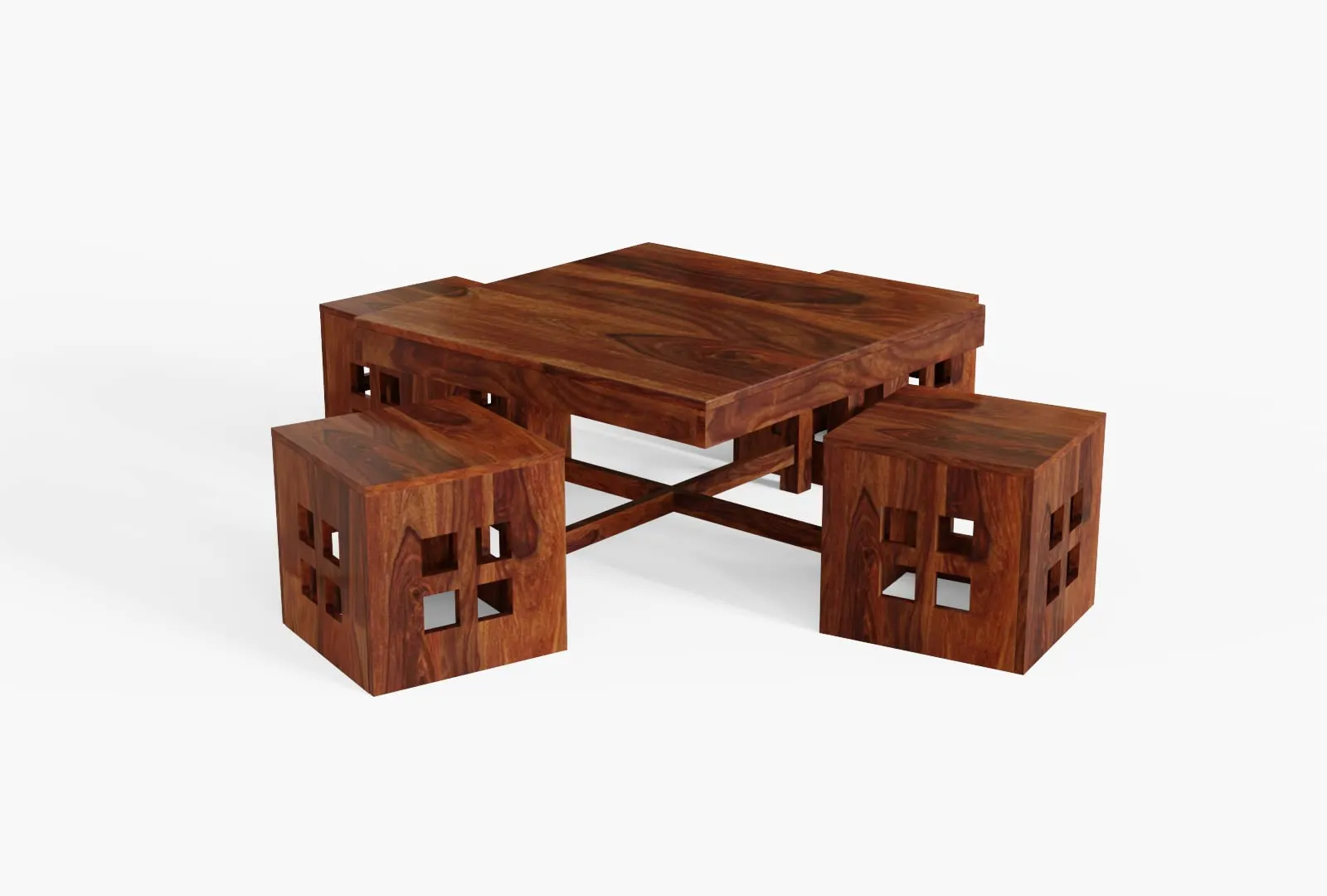 EBANSAL Wooden Centre Table with 4 Stool, Square Center Coffee Table with Stool for Living Room, Drawing Room & Office, Solid Sheesham Wood, Natural Brown Finish
