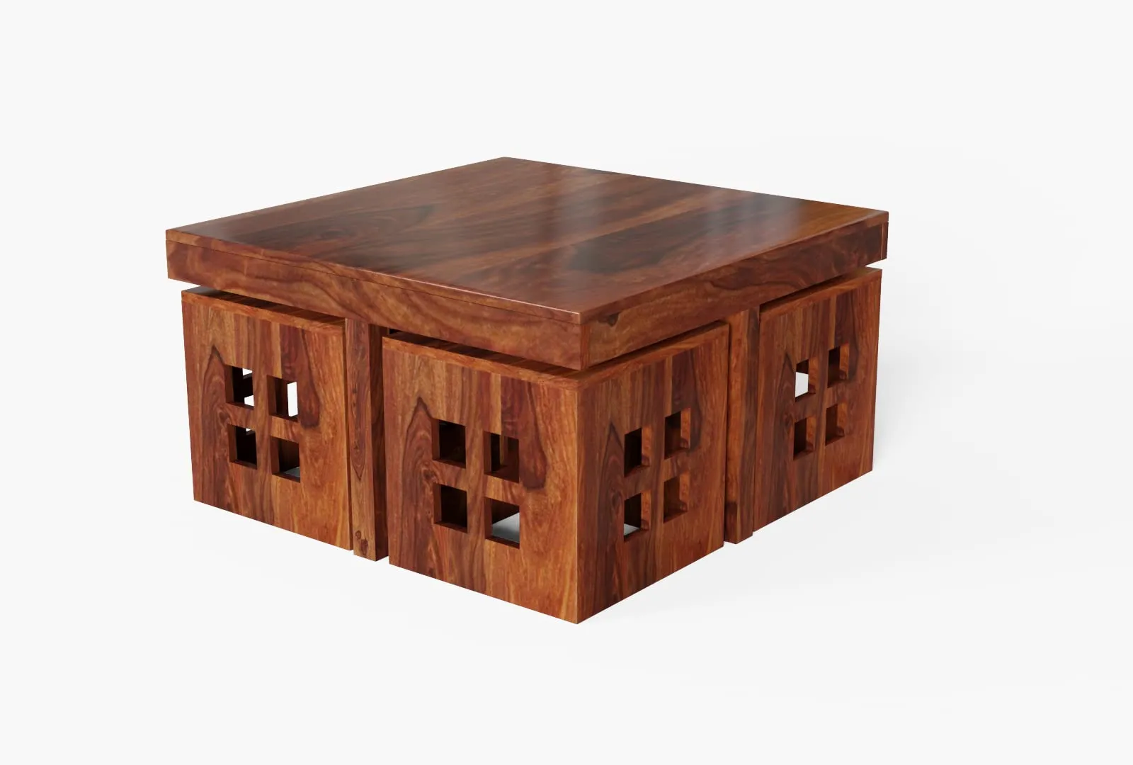 EBANSAL Wooden Centre Table with 4 Stool, Square Center Coffee Table with Stool for Living Room, Drawing Room & Office, Solid Sheesham Wood, Natural Brown Finish