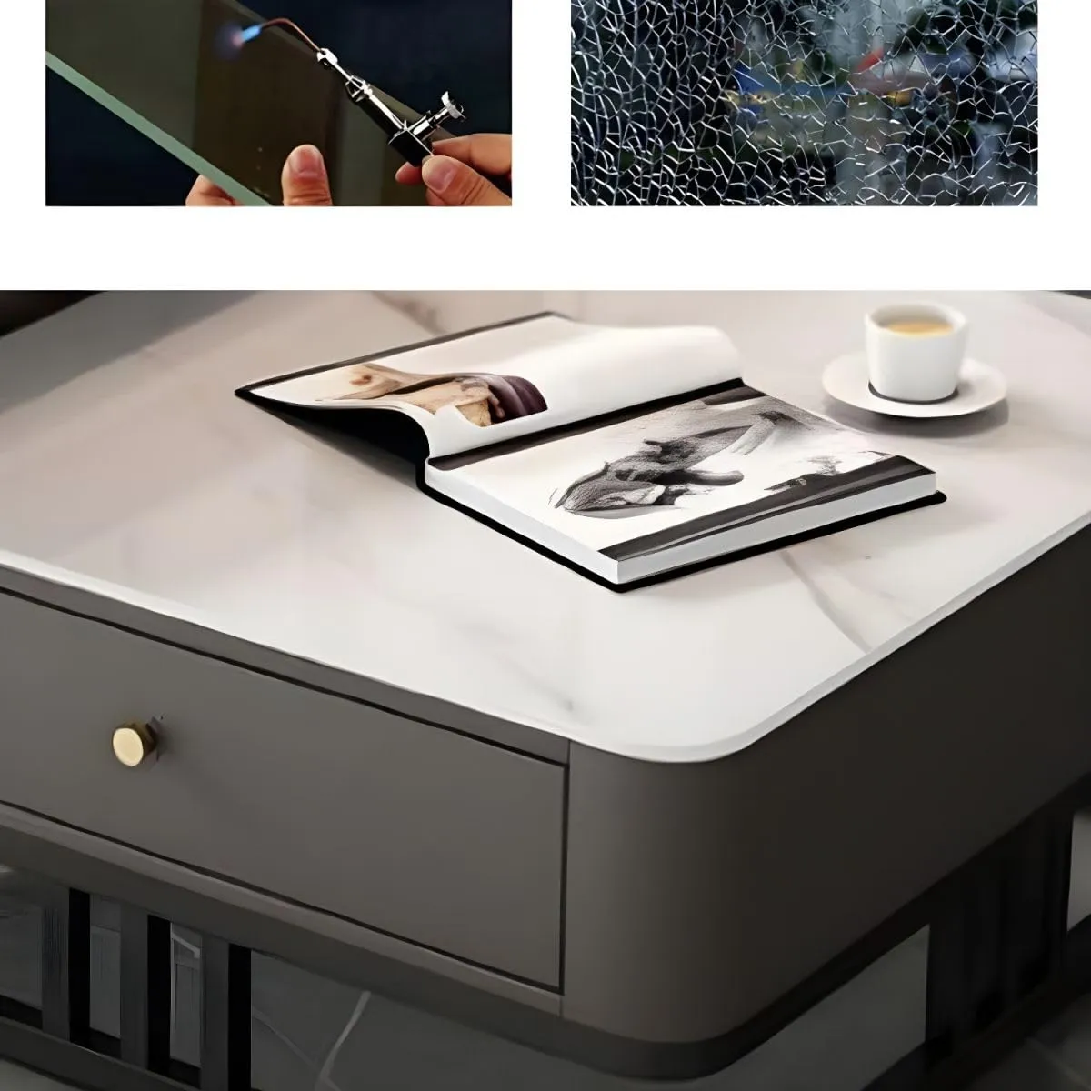 ECONODECOR Marbled Look Square Coffee Table Set, 2 Piece Stackable Center Table Modern End Tables with Storage Drawer and Metal Frame (Black & Black)
