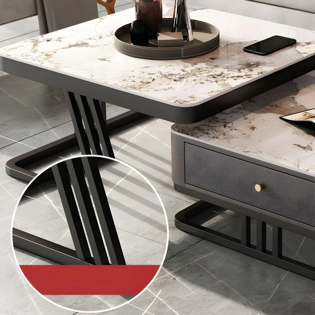 ECONODECOR Marbled Look Square Coffee Table Set, 2 Piece Stackable Center Table Modern End Tables with Storage Drawer and Metal Frame (Black & Black)