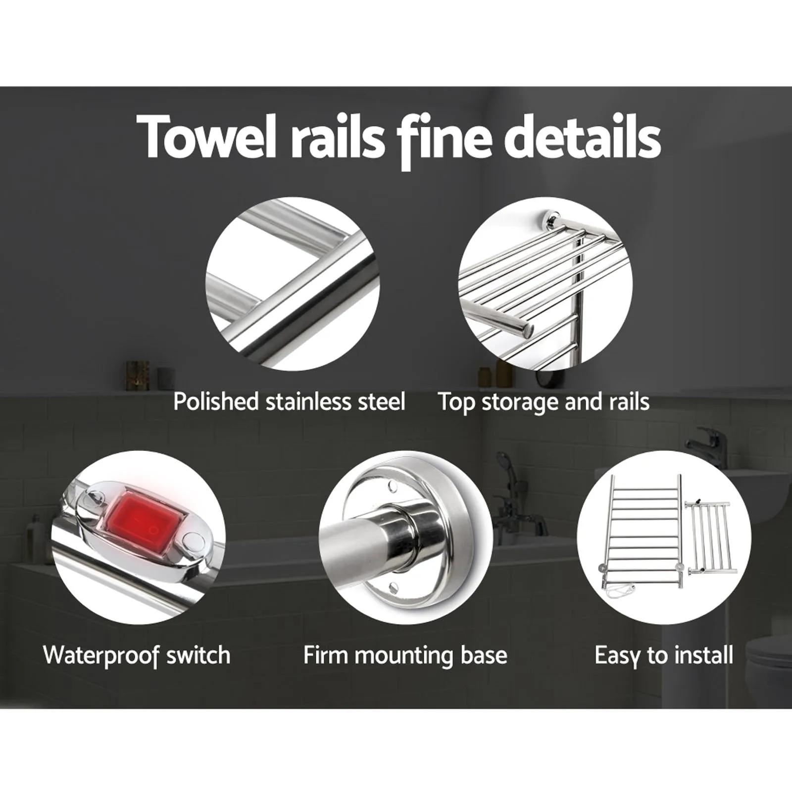 Electric Heated Towel Rail Ladder Warmer 10 Bars Rods Bathroom Shelf