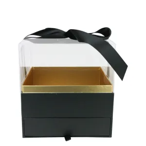 Elegant Clear Lid Gift Box with Ribbon and Drawer for Special Occasions - Black/Gold