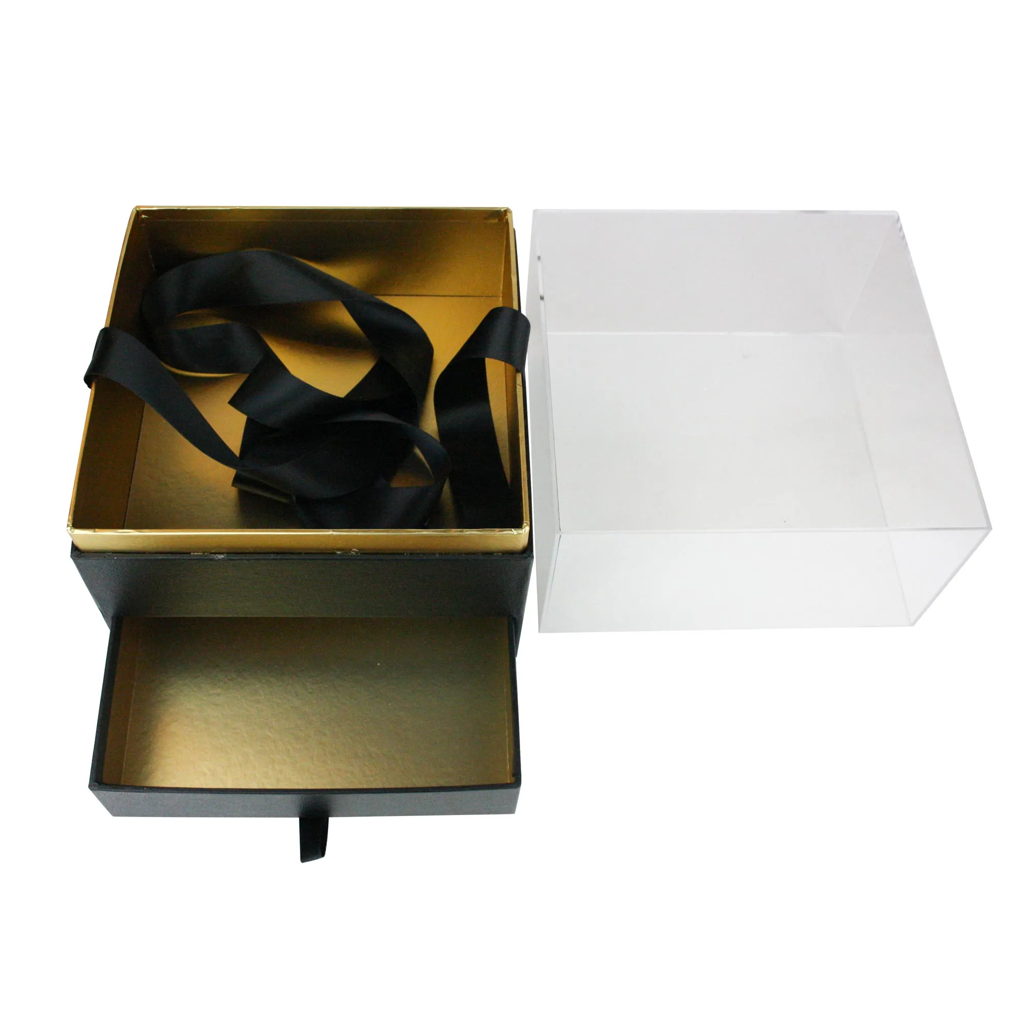 Elegant Clear Lid Gift Box with Ribbon and Drawer for Special Occasions - Black/Gold