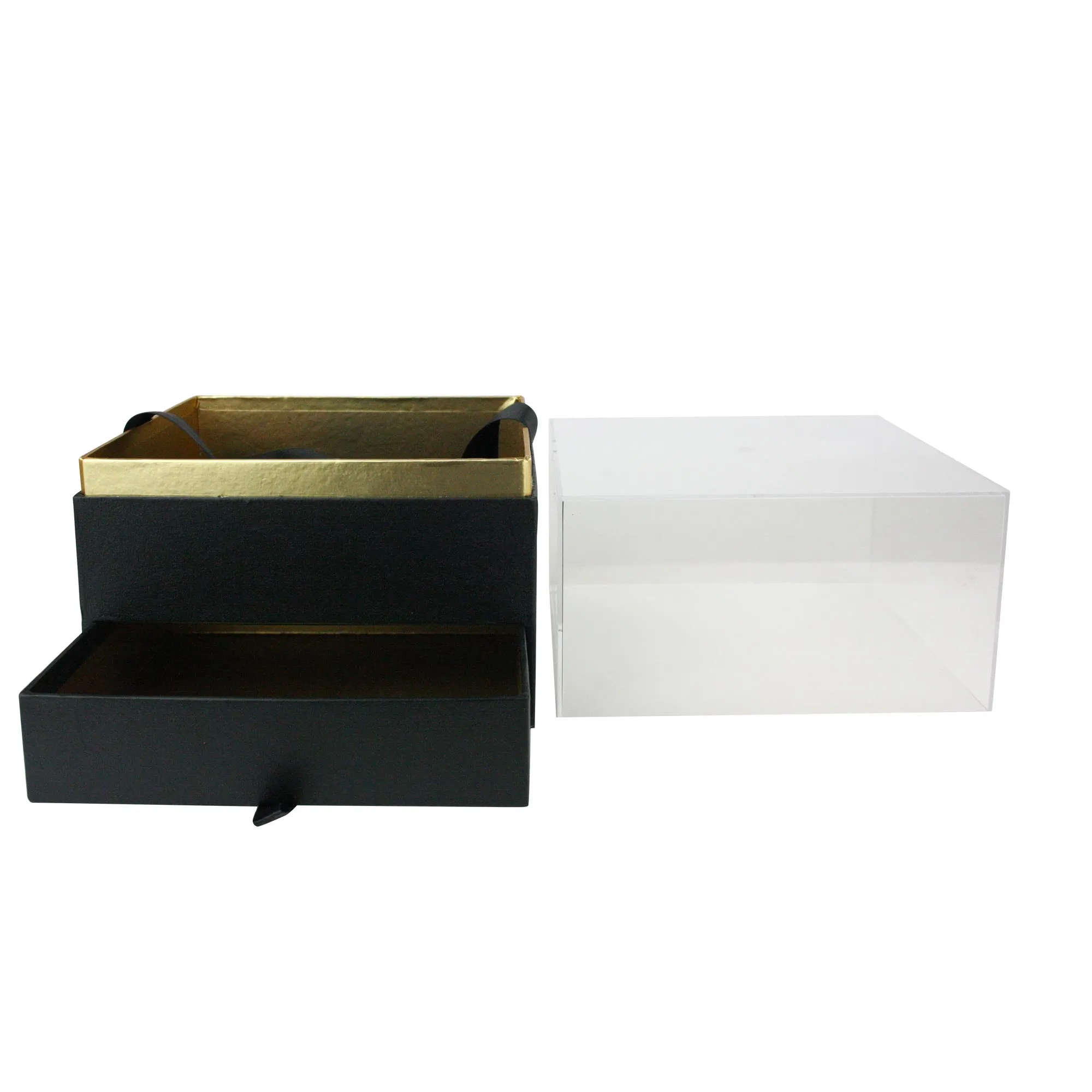 Elegant Clear Lid Gift Box with Ribbon and Drawer for Special Occasions - Black/Gold