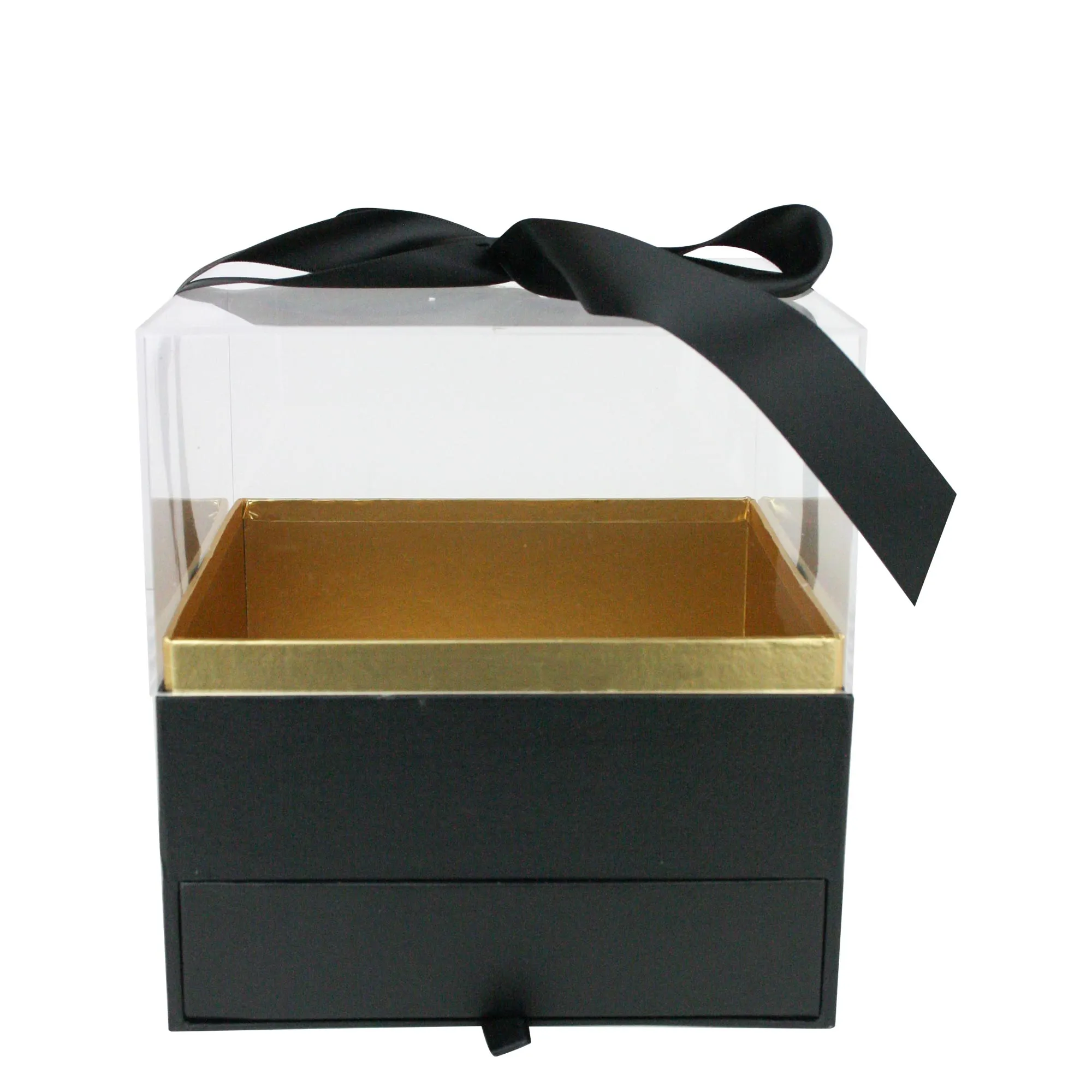 Elegant Clear Lid Gift Box with Ribbon and Drawer for Special Occasions - Black/Gold