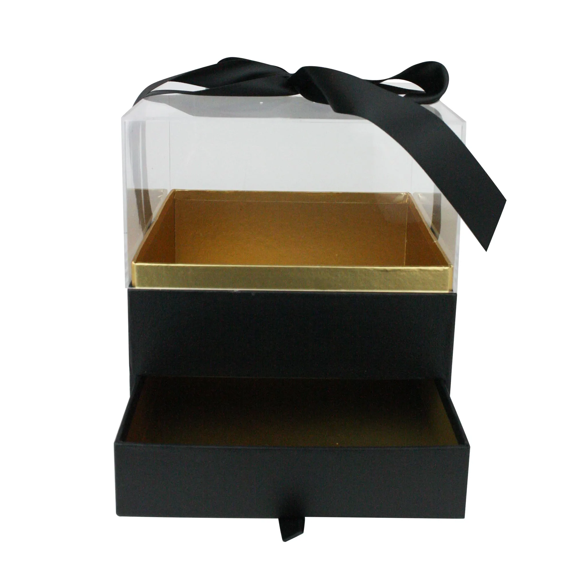 Elegant Clear Lid Gift Box with Ribbon and Drawer for Special Occasions - Black/Gold