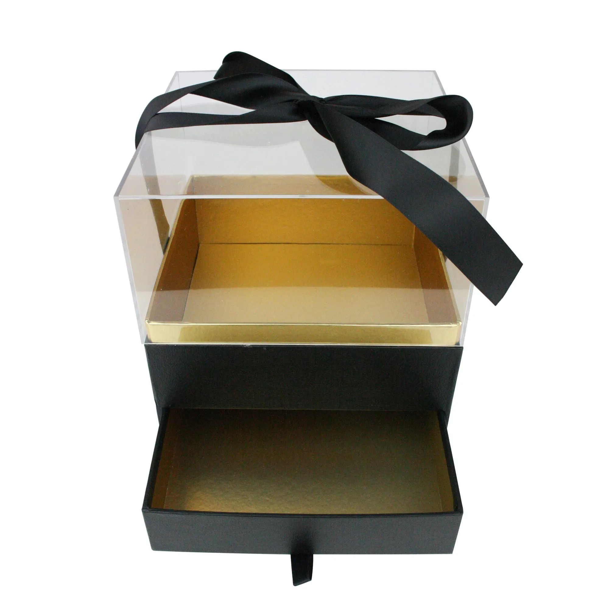 Elegant Clear Lid Gift Box with Ribbon and Drawer for Special Occasions - Black/Gold