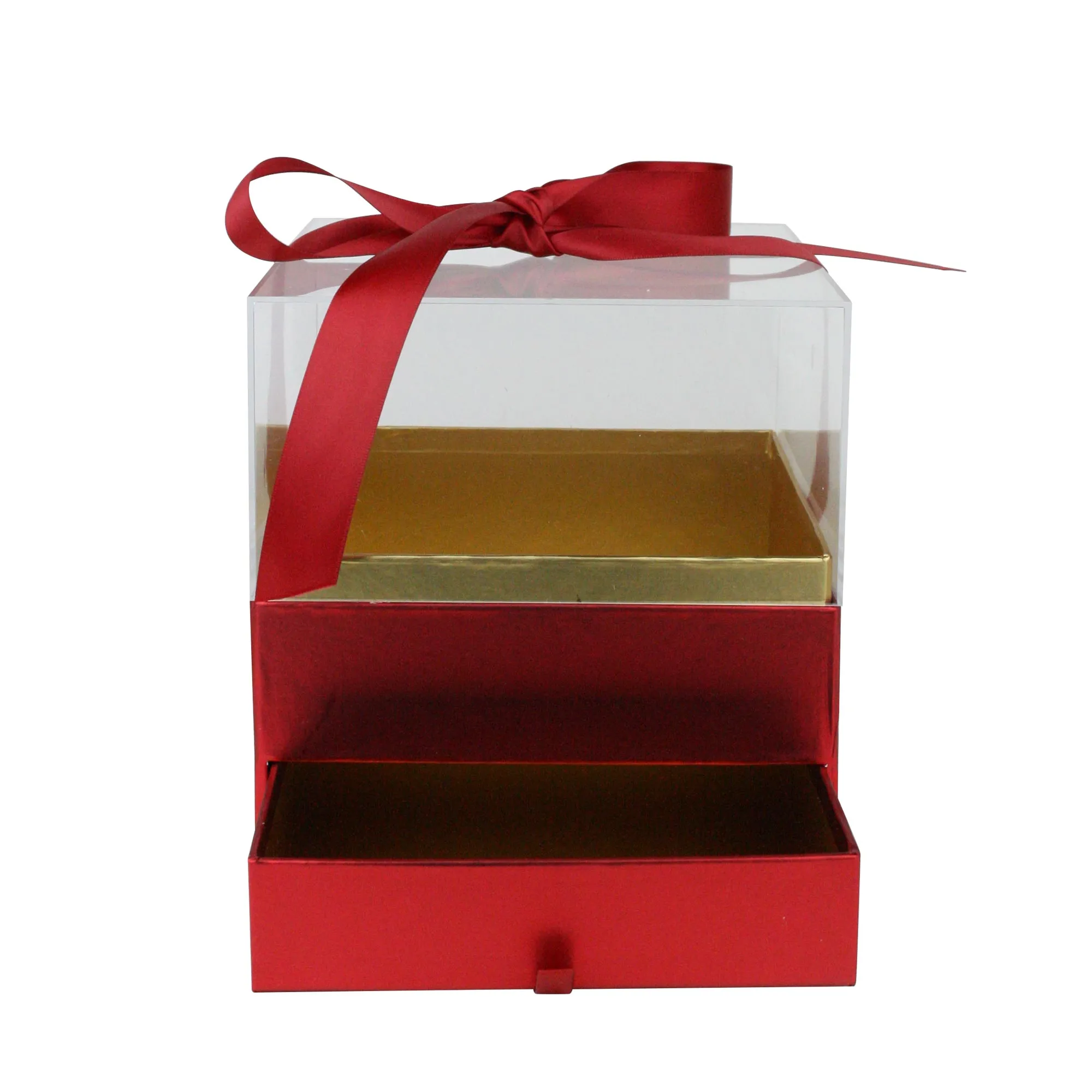 Elegant Clear Lid Gift Box with Ribbon and Drawer for Special Occasions - Red/Gold