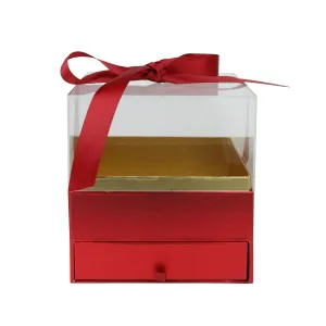 Elegant Clear Lid Gift Box with Ribbon and Drawer for Special Occasions - Red/Gold