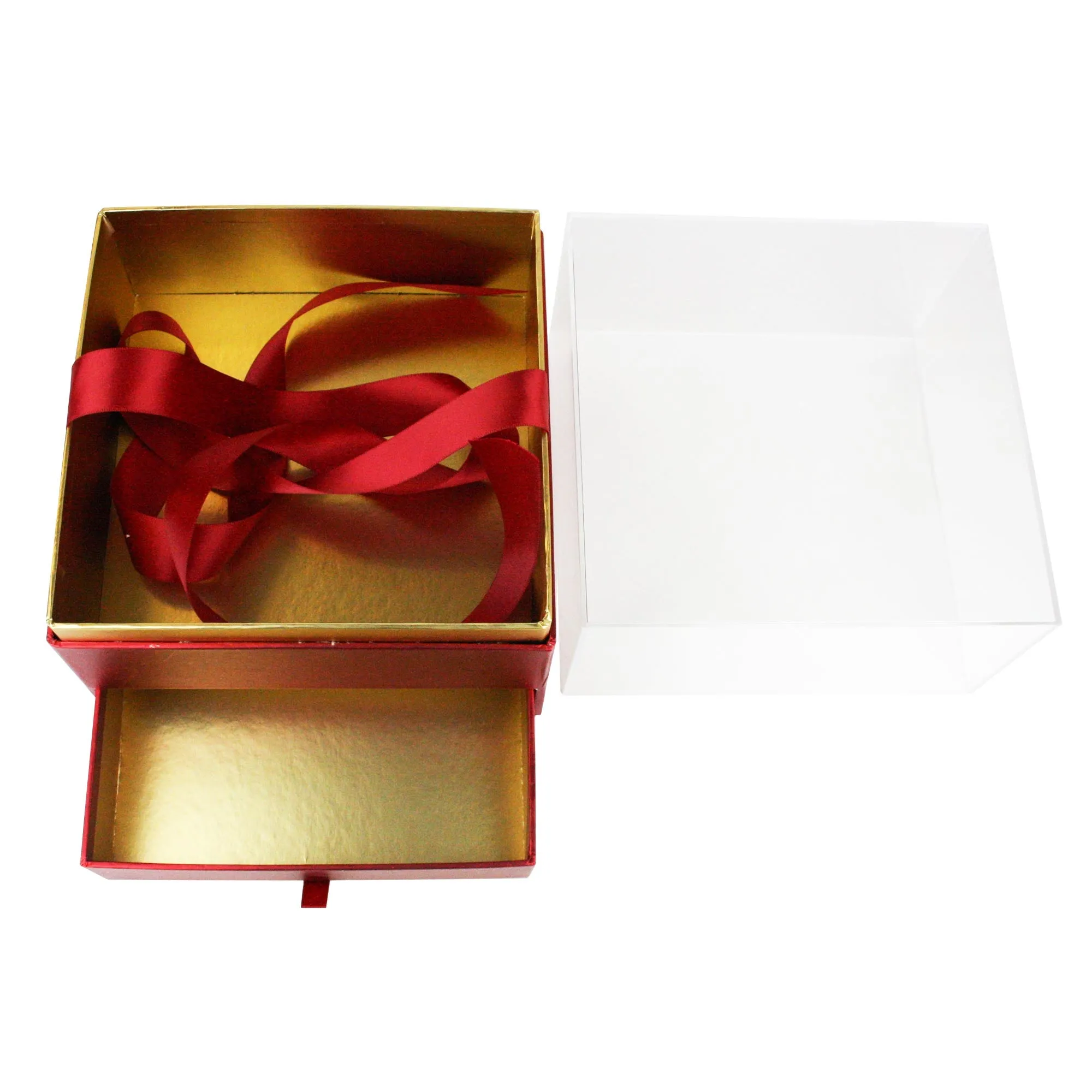 Elegant Clear Lid Gift Box with Ribbon and Drawer for Special Occasions - Red/Gold