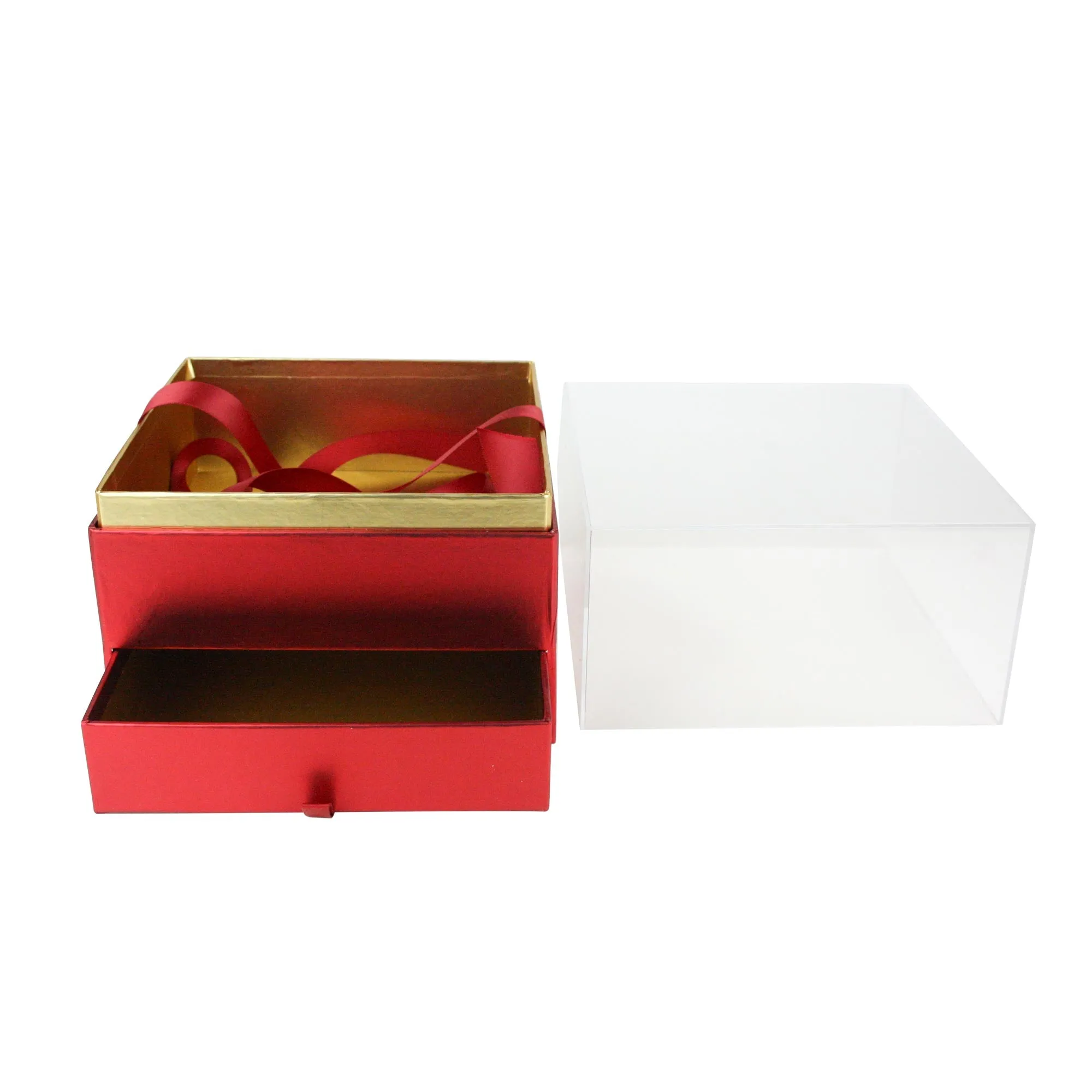 Elegant Clear Lid Gift Box with Ribbon and Drawer for Special Occasions - Red/Gold