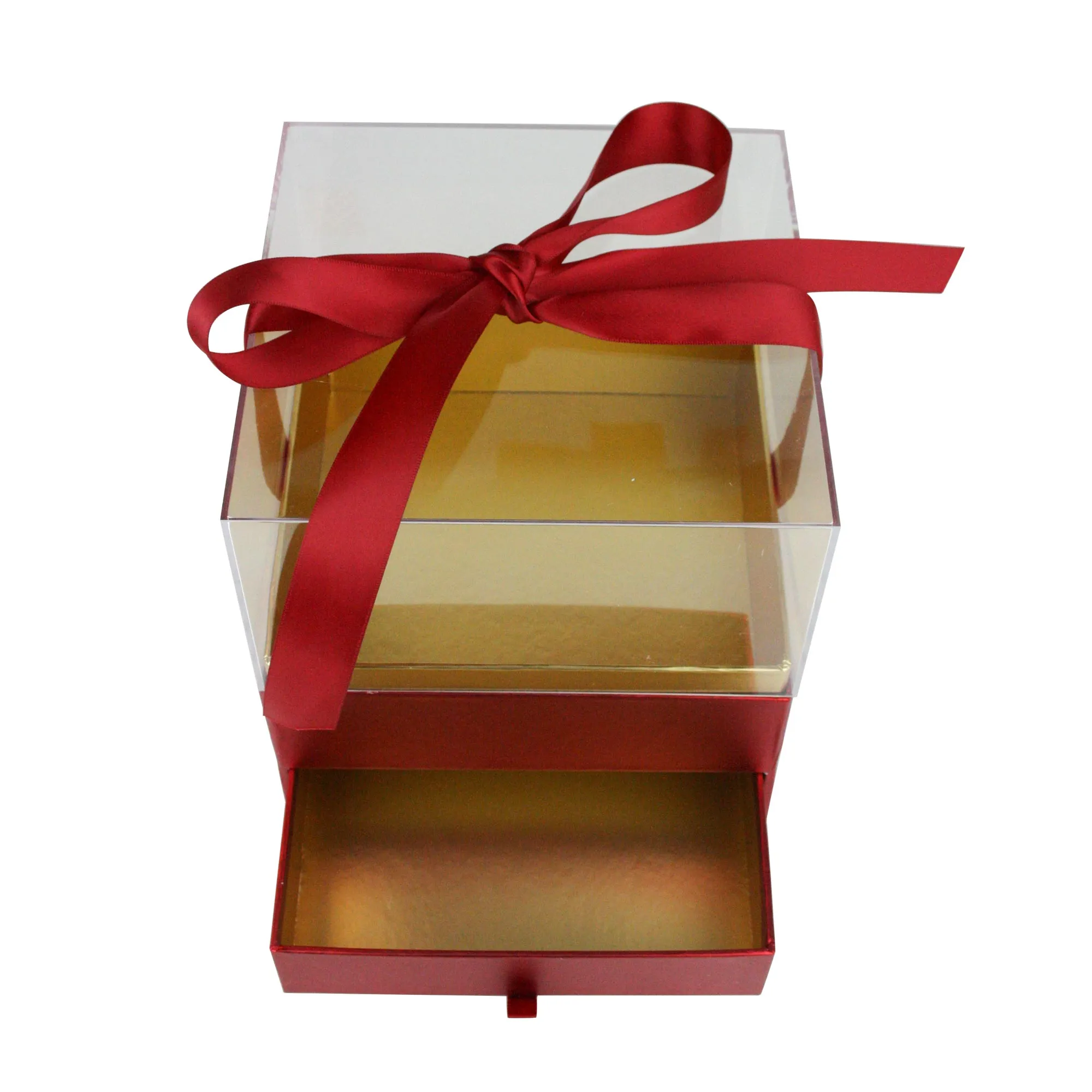 Elegant Clear Lid Gift Box with Ribbon and Drawer for Special Occasions - Red/Gold