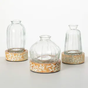 Embossed Wood & Glass Vase Set