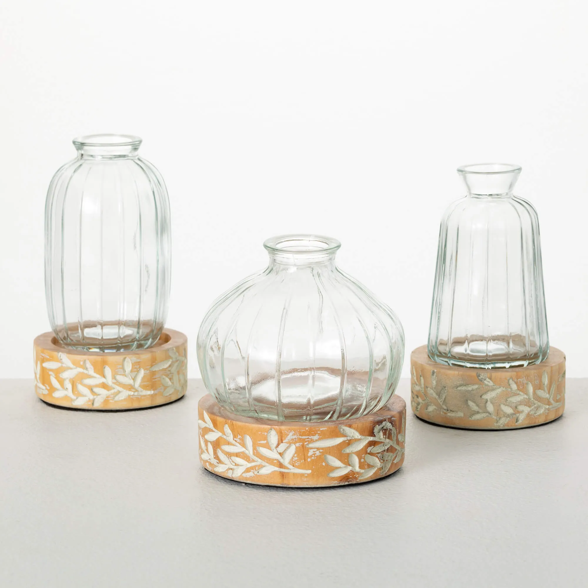 Embossed Wood & Glass Vase Set