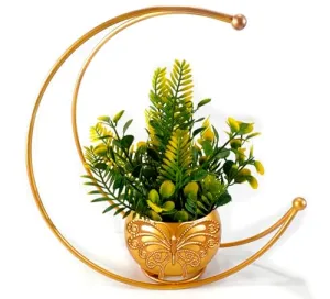 Galaxy Crafts Metal Geometric Design Vase with Gold Finish - Table Decorative Flower Pot (Size 24 x 24cm) (Moon Flower Vase)
